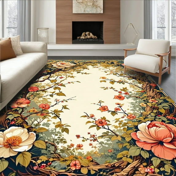 ODIKA 8'x10' Machine Washable Non-Slip Area Rug, Intricate Floral Medley in Earthy Tones with Vintage Charm High Traffic Rug, Peach, 227745