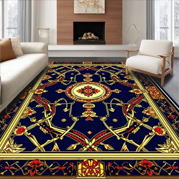 ODIKA 4'x6' Machine Washable Non-Slip Area Rug, Intricate Heraldic Emblem With Interwoven Crest Motifs High Traffic Rug, Blue, 186822