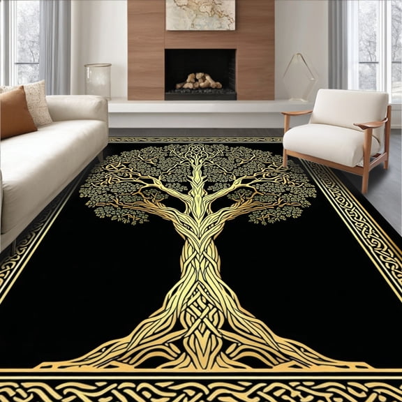 ODIKA 4'x6' Machine Washable Non-Slip Area Rug, Intricate Norse Nature Motif High Traffic Rug, Gold, 27195