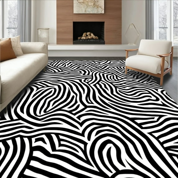 ODIKA 6'x9' Machine Washable Non-Slip Area Rug, Intricate Zebra High Traffic Rug, Black, 310960