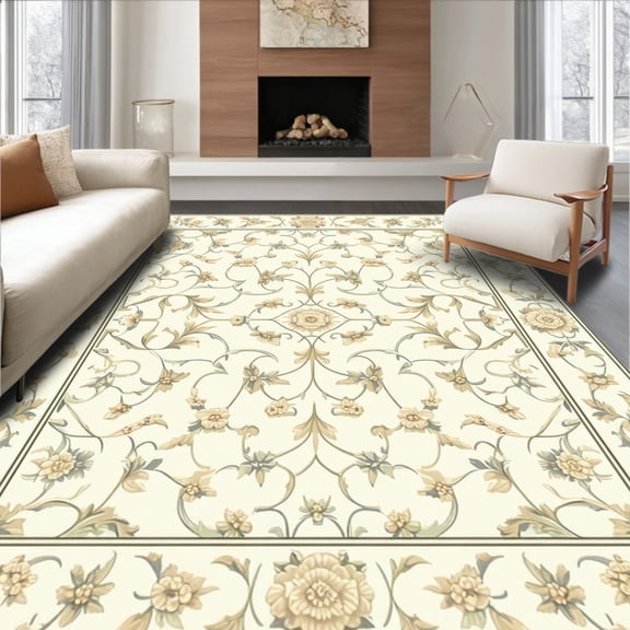 ODIKA 8'x10' Machine Washable Non-Slip Area Rug, Ivory Field Delicate Floral Trellis Hooked High Traffic Rug, Beige, 228736