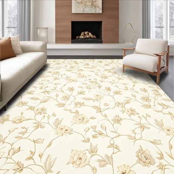 ODIKA 5'x7' Machine Washable Non-Slip Area Rug, Ivory with Timeless Floral High Traffic Rug, Beige, 205716