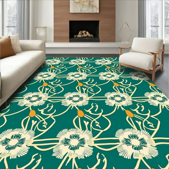 ODIKA 8'x10' Machine Washable Non-Slip Area Rug, Jade Bloom Modern Floral Art High Traffic Rug, Green, 314183