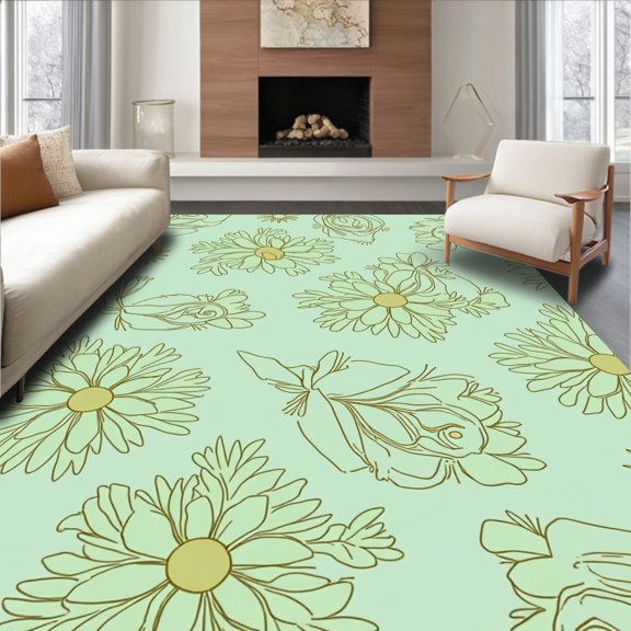 Flatwoven High Traffic Area Rug, Jade Floral Bloom, Non Slip, Stain Resistant, Washable Area Rugs for Living Room, Bedroom(Green, 4X6)