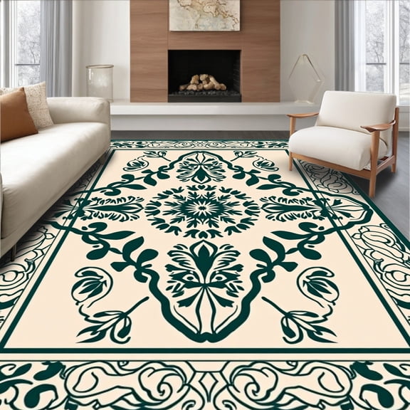 ODIKA 8' Machine Washable Non-Slip Area Rug, Jade Garden Ornamental Hallway Floor Design High Traffic Rug, Beige, 310633