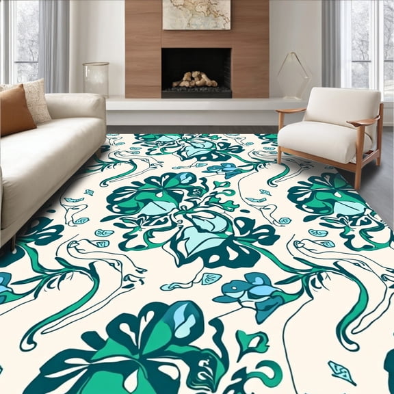 Flatwoven High Traffic Area Rug, Jade Garden Stylized Floral and Vine Arrangement, Non Slip, Stain Resistant, Washable Area Rugs for Living Room, Bedroom(Ivory, 4X6)