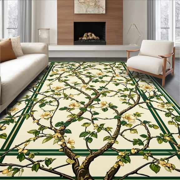 ODIKA 5'x7' Machine Washable Non-Slip Area Rug, Jade Vine Trellis Green Floral Patterned High Traffic Rug, Ivory, 204850