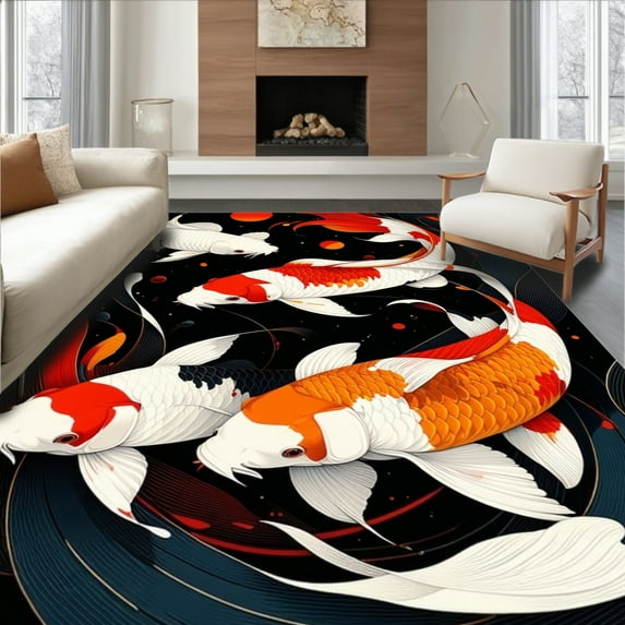 ODIKA 5'x7' Machine Washable Non-Slip Area Rug, Japanese Koi Fish Doormat Half Round Carp for Entrance High Traffic Rug, White, 68933