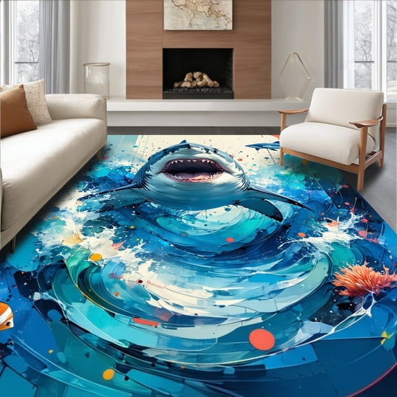 ODIKA 5'x7' Machine Washable Non-Slip Area Rug, Jaws Indoor with Dynamic Oceanic Motifs and Splash High Traffic Rug, Blue, 65650