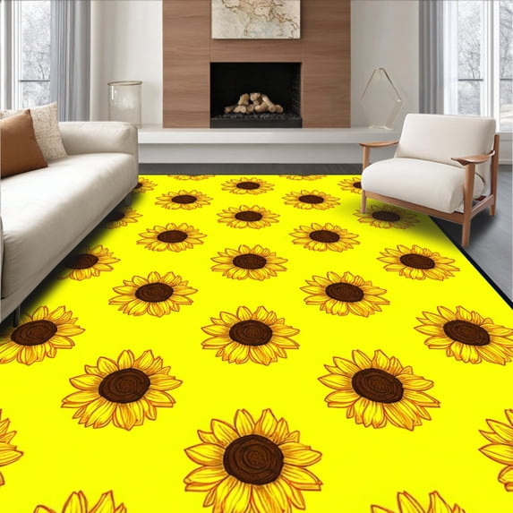 ODIKA 8'x10' Machine Washable Non-Slip Area Rug, Joyful Sunflower Inspired High Traffic Rug, Yellow, 12766