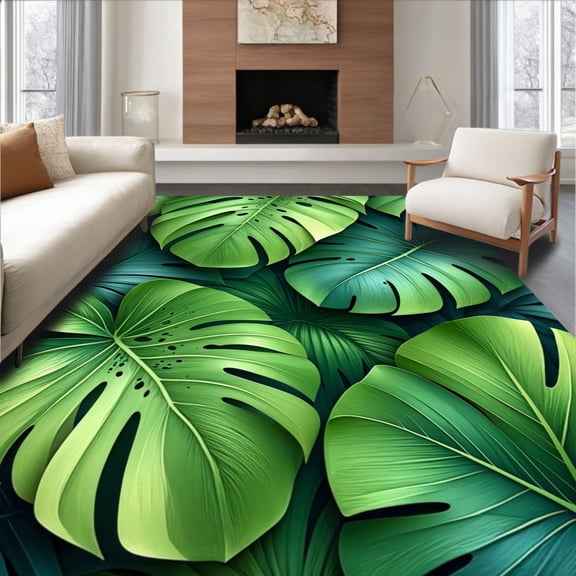 ODIKA 4'x6' Machine Washable Non-Slip Area Rug, Jungle Bloom Green Floor Exotic Leaf Patterned High Traffic Rug, Green, 93219