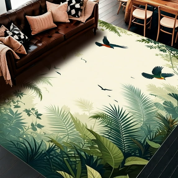 ODIKA 2'x3' Machine Washable Non-Slip Area Rug, Jungle Canopy & Avian Accent High Traffic Rug, Green, 282345