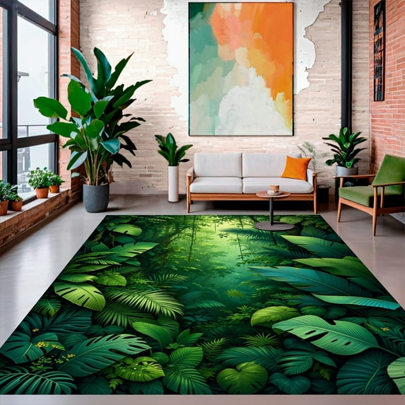 ODIKA 5'x7' Machine Washable Non-Slip Area Rug, Jungle Canopy Exotic Leaves and Shadowed Undergrowth Design High Traffic Rug, Green, 209748