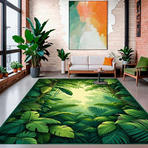 Flatwoven High Traffic Area Rug, Jungle Canopy Runner Lush Tropical Foliage Art, Non Slip, Stain Resistant, Washable Area Rugs for Living Room, Bedroom(Green, 4X6)