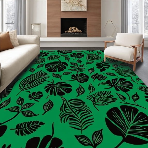 ODIKA 5'x7' Machine Washable Non-Slip Area Rug, Jungle Canopy Emerald & Charcoal Foliage Design High Traffic Rug, Green, 291908