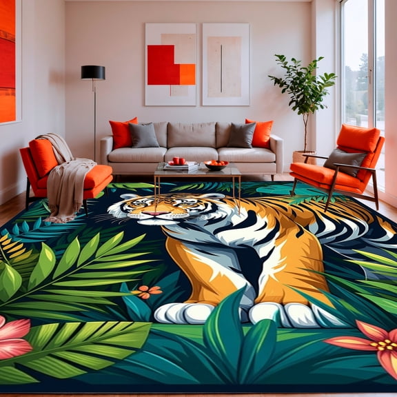 ODIKA 4'x6' Machine Washable Non-Slip Area Rug, Jungle Cat Botanical Print Accent High Traffic Rug, Orange, 139524