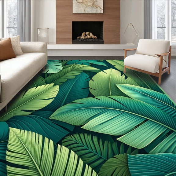 ODIKA 4'x6' Machine Washable Non-Slip Area Rug, Jungle Retreat with Layered Tropical Leaves and Artistic Nature High Traffic Rug, Green, 84065