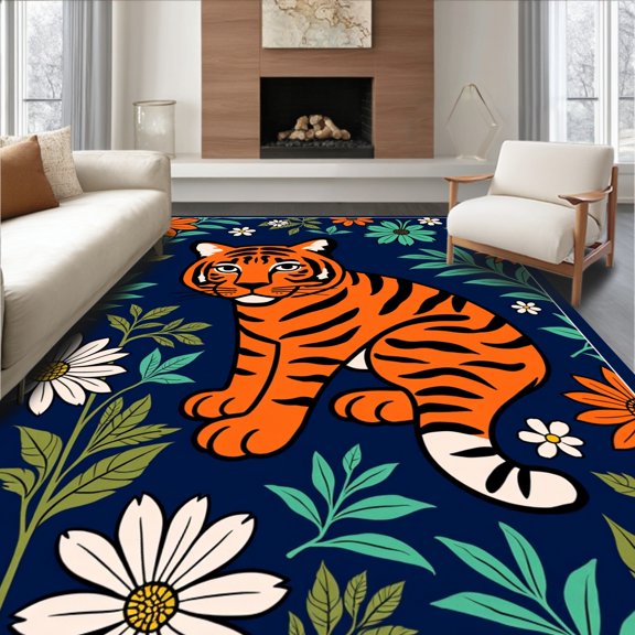 Flatwoven High Traffic Area Rug, Jungle Royalty Floral Safari Adventure, Non Slip, Stain Resistant, Washable Area Rugs for Living Room, Bedroom(Blue, 2X3)