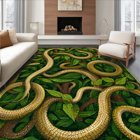 Flatwoven High Traffic Area Rug, Jungle Serpent Area Green and Brown Wildlife Design, Non Slip, Stain Resistant, Washable Area Rugs for Living Room, Bedroom(Green, 2X3)