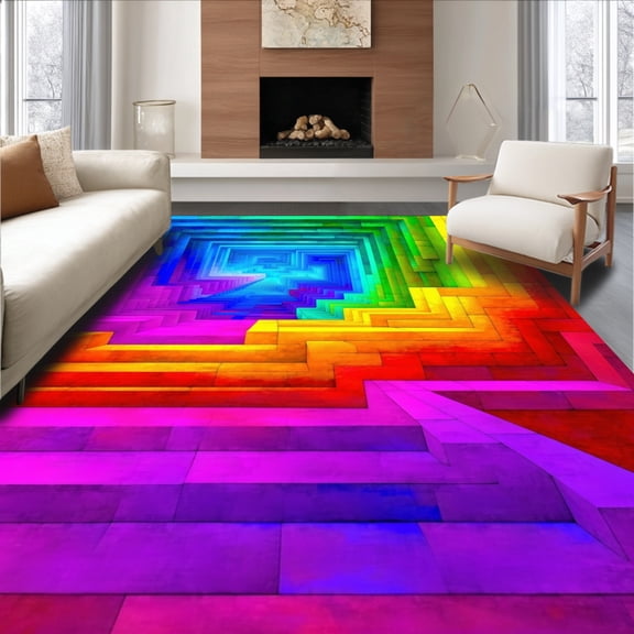 Flatwoven High Traffic Area Rug, Kaleidoscopic Labyrinth Hallway Runner With Vibrant Swirling, Non Slip, Stain Resistant, Washable Area Rugs for Living Room, Bedroom(Red, 4X6)