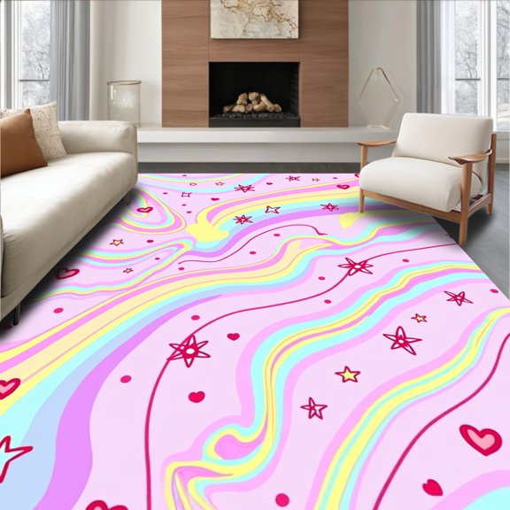 Flatwoven High Traffic Area Rug, Kawaii Stardust Fantasy with Shooting Star Trails and Heart Accents, Non Slip, Stain Resistant, Washable Area Rugs for Living Room, Bedroom(Pink, 2X3)