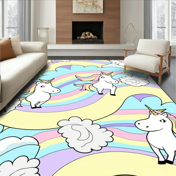 ODIKA 3'x5' Machine Washable Non-Slip Area Rug, Kawaii Unicorn Dreamscape Teen Dorm High Traffic Rug, Yellow, 395580