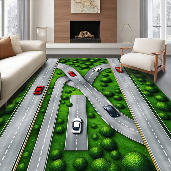 ODIKA 8'x10' Machine Washable Non-Slip Area Rug, Car with Road High Traffic Rug, Green, 90007