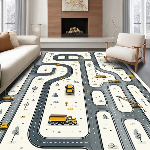 ODIKA 4'x6' Machine Washable Non-Slip Area Rug, Construction Adventure with Road and Trucks Design High Traffic Rug, Gray, 85581