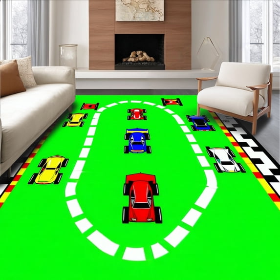 ODIKA 8'x10' Machine Washable Non-Slip Area Rug, Race Track Play Checkered Flag & Car Design High Traffic Rug, Green, 151461