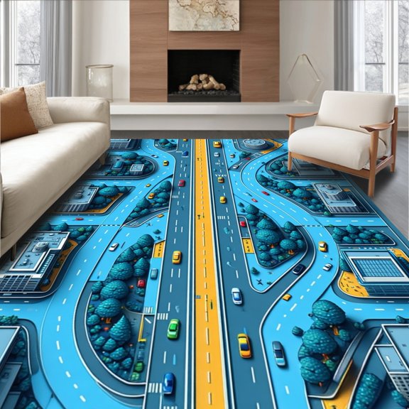 Flatwoven High Traffic Area Rug, Kids Traffic Playmat, Non Slip, Stain Resistant, Washable Area Rugs for Living Room, Bedroom(Blue, 4X6)