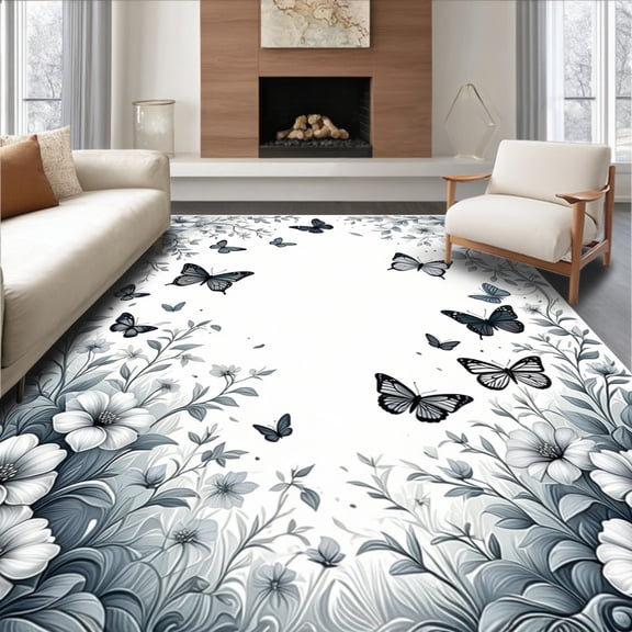 ODIKA 8'x10' Machine Washable Non-Slip Area Rug, Kiss Black & Floral Insect Design High Traffic Rug, Gray, 82967