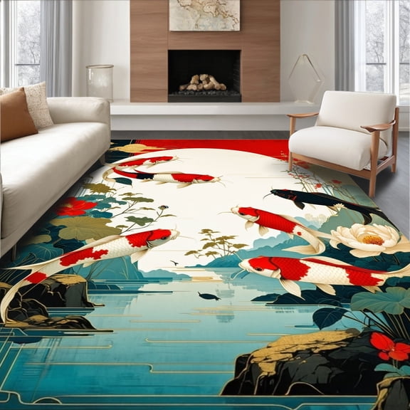 Flatwoven High Traffic Area Rug, Koi Pond Serenity Asian Inspired Fish Design Modern Farmhouse Rug, Non Slip, Stain Resistant, Washable Area Rugs for Living Room, Bedroom(Red, 2X3)
