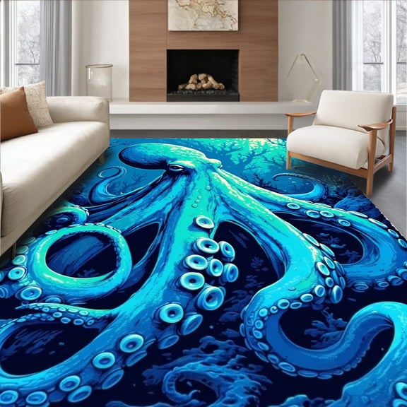 ODIKA 4'x6' Machine Washable Non-Slip Area Rug, Oceanic Nautical Creature Bathroom High Traffic Rug, Blue, 59810