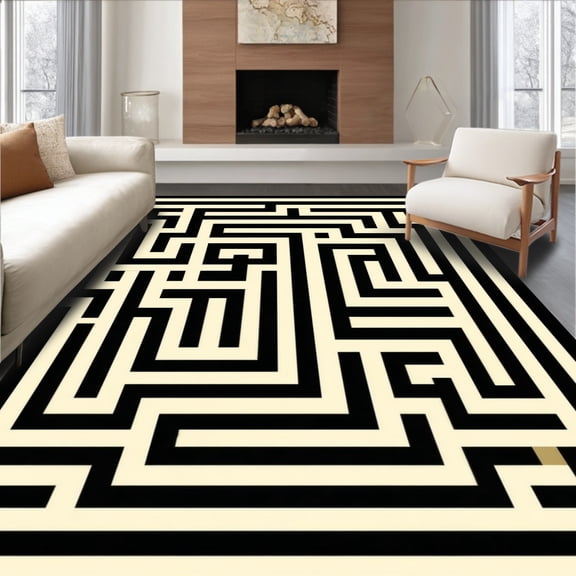 ODIKA 4'x6' Machine Washable Non-Slip Area Rug, Labyrinth Maze Design High Traffic Rug, Beige, 258513