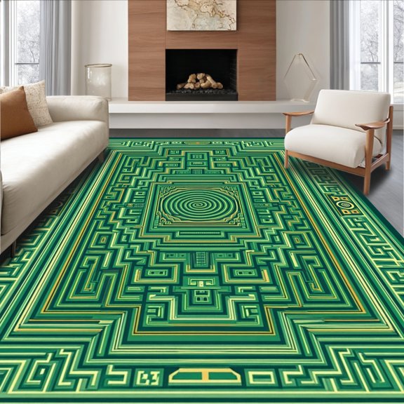 Flatwoven High Traffic Area Rug, Labyrinthine Maze Lines with Interlocking Spirals and Subtle Tribal Elements, Non Slip, Stain Resistant, Washable Area Rugs for Living Room, Bedroom(Green, 2X3)
