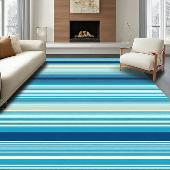 ODIKA 8'x10' Machine Washable Non-Slip Area Rug, Lagoon Stripe Accent Deep and Design High Traffic Rug, Blue, 67786