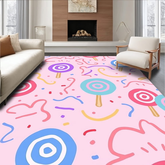 ODIKA 4'x6' Machine Washable Non-Slip Area Rug, Land Sugary Delight Fantasy High Traffic Rug, Pink, 499104