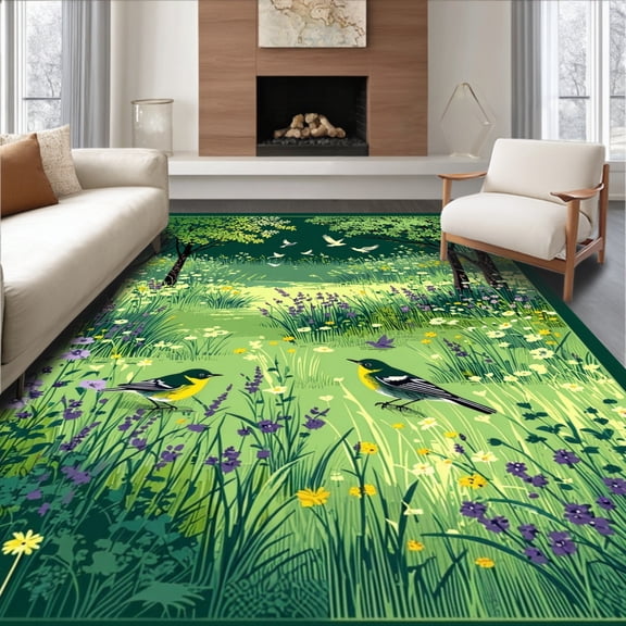 ODIKA 6'x9' Machine Washable Non-Slip Area Rug, Large Green Scottish Meadow High Traffic Rug, Green, 83489