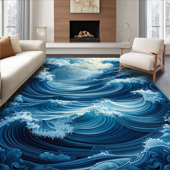 Flatwoven High Traffic Area Rug, Large for Deck Ocean Wave Design, Non Slip, Stain Resistant, Washable Area Rugs for Living Room, Bedroom(Blue, 3X5)