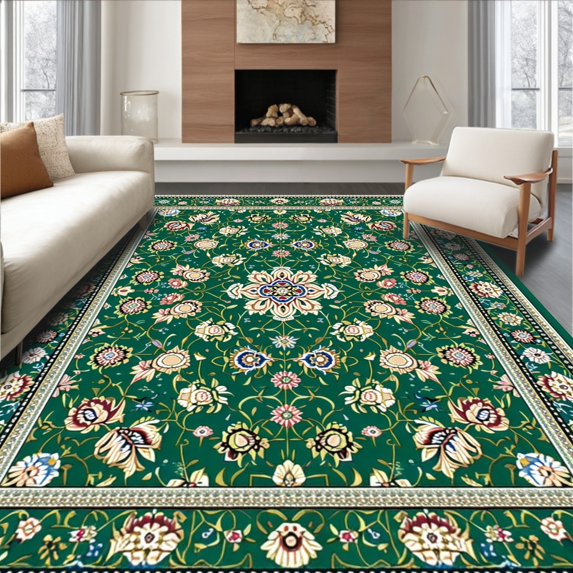 ODIKA 8'x10' Machine Washable Non-Slip Area Rug, Large with Ornate Floral Motifs High Traffic Rug, Green, 61838