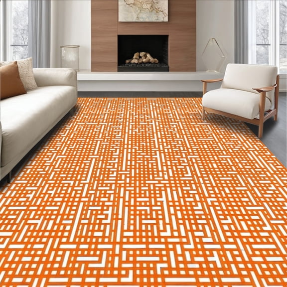 ODIKA 8'x10' Machine Washable Non-Slip Area Rug, Lattice Square Geometric Orange High Traffic Rug, Orange, 245237