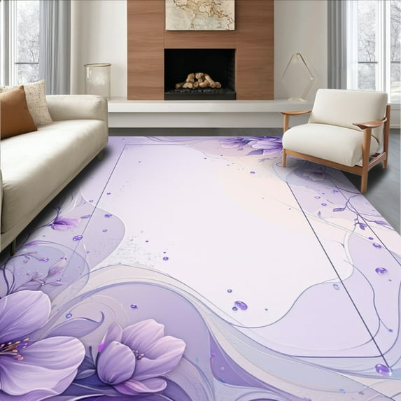 ODIKA 2'x3' Machine Washable Non-Slip Area Rug, Lavender Dreamscape with Flowing Petal Motifs and Ombre Layers High Traffic Rug, Purple, 168059