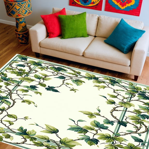 Flatwoven High Traffic Area Rug, Leafy Trellis Oval Ivory and Emerald, Non Slip, Stain Resistant, Washable Area Rugs for Living Room, Bedroom(Green, 4X6)