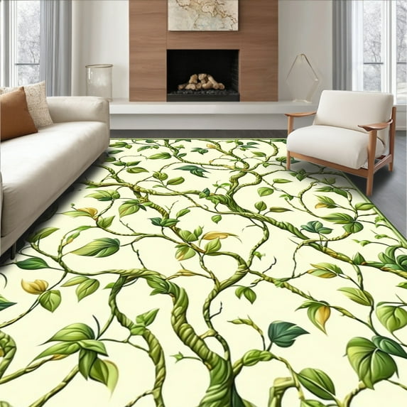ODIKA 4'x6' Machine Washable Non-Slip Area Rug, Leafy Vines Hallway Green Botanical High Traffic Rug, Ivory, 57109