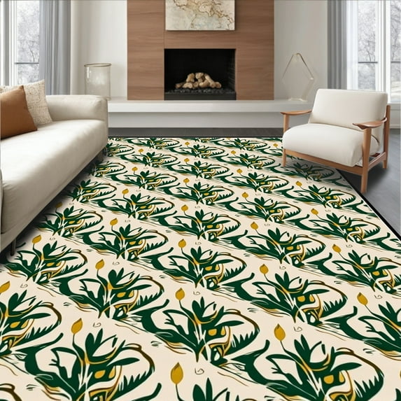 ODIKA 4'x6' Machine Washable Non-Slip Area Rug, Leopard Motif with Lush Botanical Leaf Accents Semicircular High Traffic Rug, Green, 298338