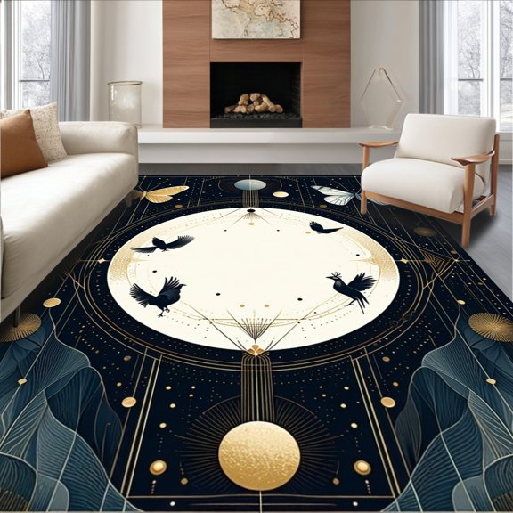 Flatwoven High Traffic Area Rug, Lepidopteran Carousel With Subcontinental Carbon And Domicile Motifs, Non Slip, Stain Resistant, Washable Area Rugs for Living Room, Bedroom(Black, 8X10)