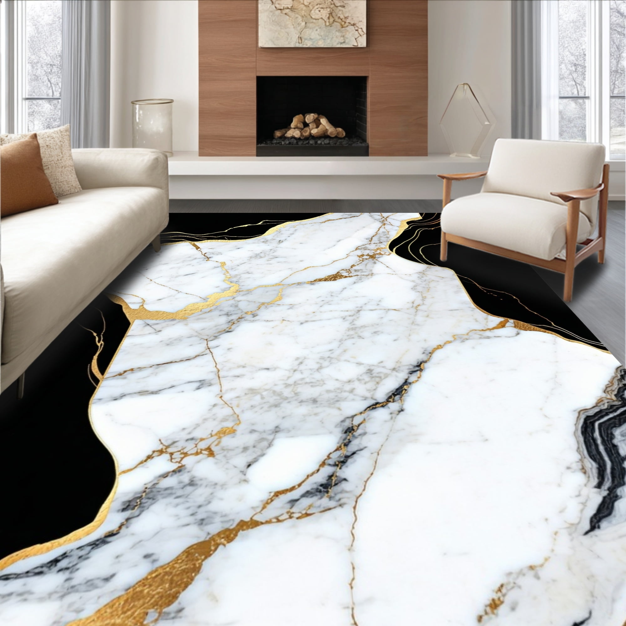 ODIKA 5'x7' Machine Washable Non-Slip Area Rug, Lezlee Abstract Marble Veins Modern Gold Border High Traffic Rug, White, 129308