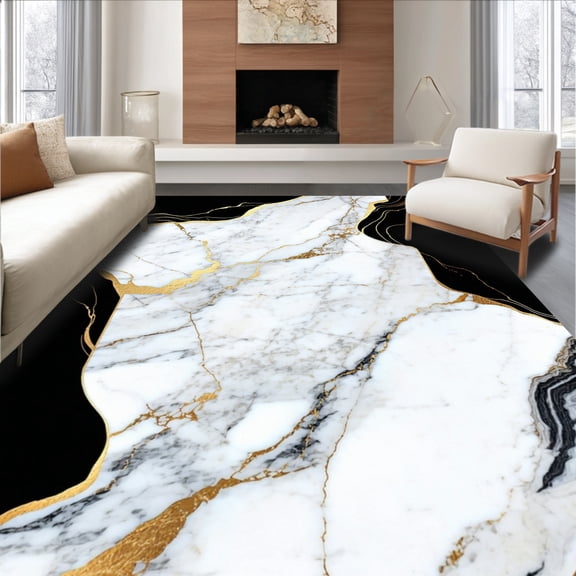 Flatwoven High Traffic Area Rug, Lezlee Abstract Marble Veins Modern Gold Border, Non Slip, Stain Resistant, Washable Area Rugs for Living Room, Bedroom(White, 2X3)