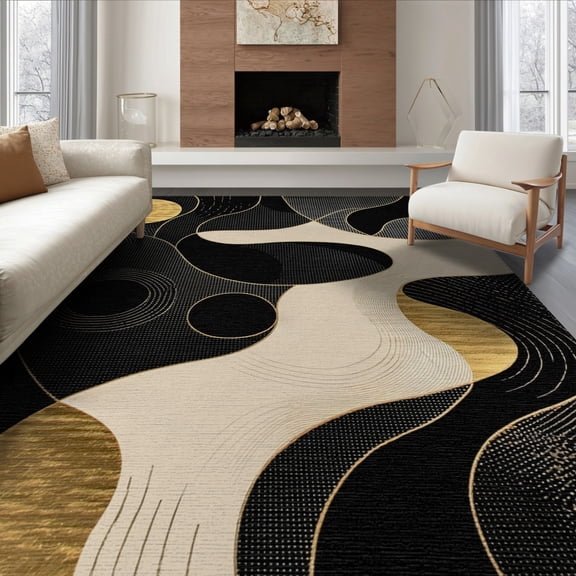 ODIKA 8'x10' Abstract Gold Washable Area Rug Durable, Non-Slip for Living Room, Under Sectional, Family