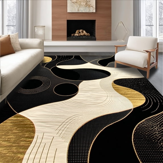 Flatwoven High Traffic Area Rug, Lezlee Contemporary Black & Gold Swirls Rug Modern Design, Non Slip, Stain Resistant, Washable Area Rugs for Living Room, Bedroom(Black, 4X6)